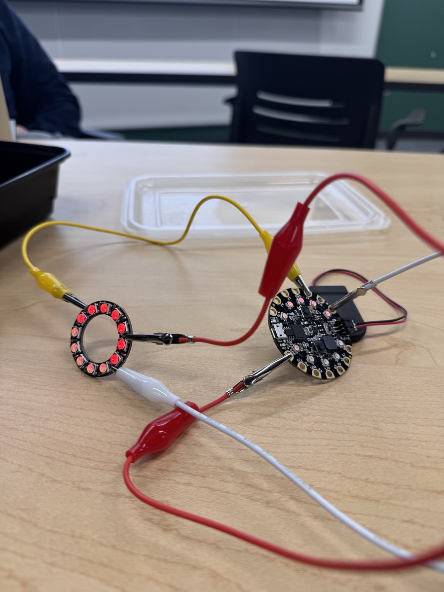 LED ring circuit wired to a microcontroller with alligator clips